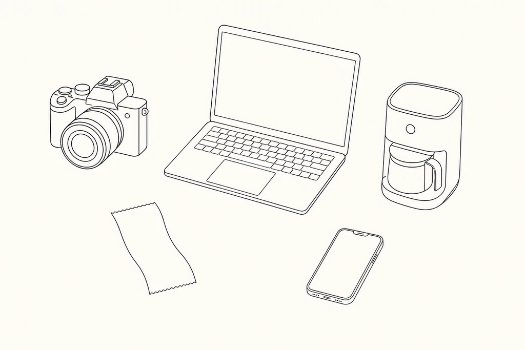 Tabletop still life of appliances, receipts, and electronics to include in a home inventory