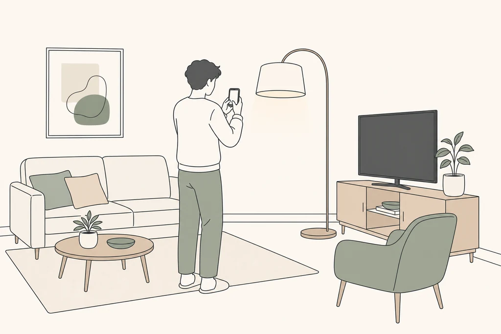 Homeowner documenting furniture in an ordinary living room with a phone