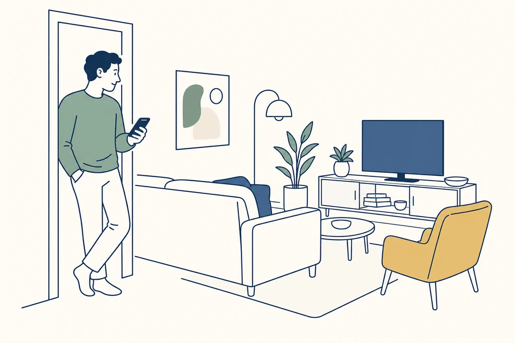 Homeowner at the entryway beginning a room-by-room inventory check with a phone