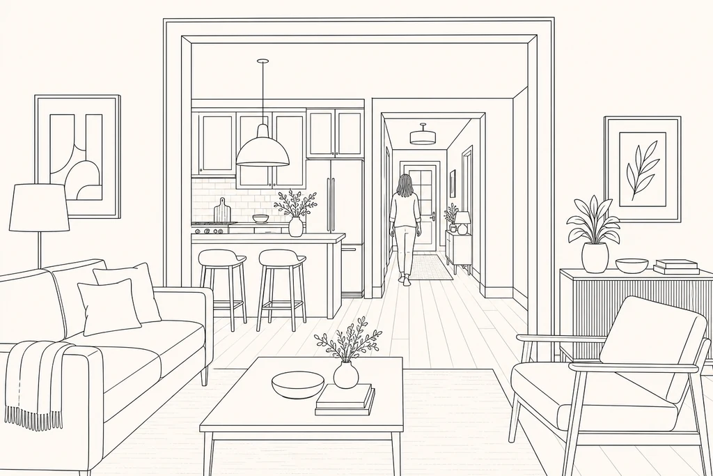 Connected hallway view through living spaces suggesting a room-by-room walkthrough